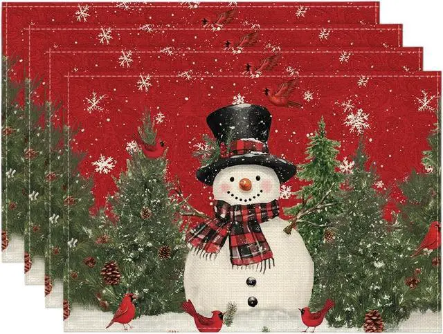Alt view image 7 of 7 - Artoid Mode Snowman Cardinals Trees Christmas Placemats for Dining Table, 12 x 18 Inch Seasonal Winter Birds Xmas Holiday Rustic Vintage Thanksgiving Washable Table Mats Set of 4