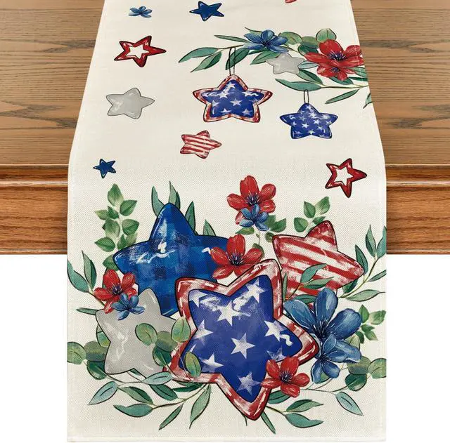 Main image of Artoid Mode Eucalyptus Flowers Stars Patriotic 4th of July Table Runner, Memorial Day Kitchen Dining Table Decoration for Home Party Decor 13x72 Inch