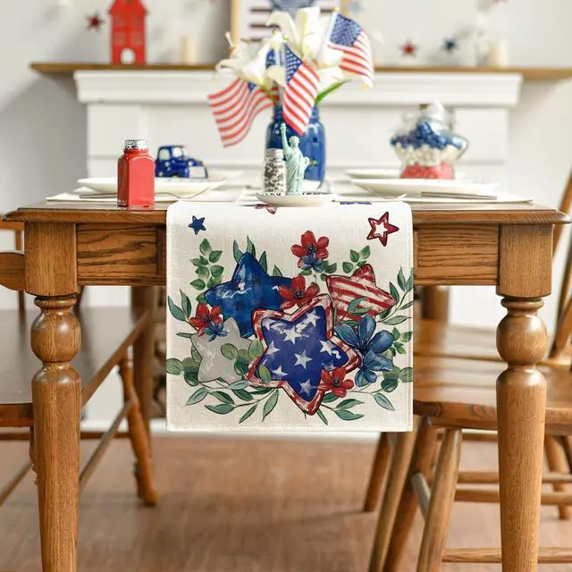 Alt view image 2 of 7 - Artoid Mode Eucalyptus Flowers Stars Patriotic 4th of July Table Runner, Memorial Day Kitchen Dining Table Decoration for Home Party Decor 13x72 Inch