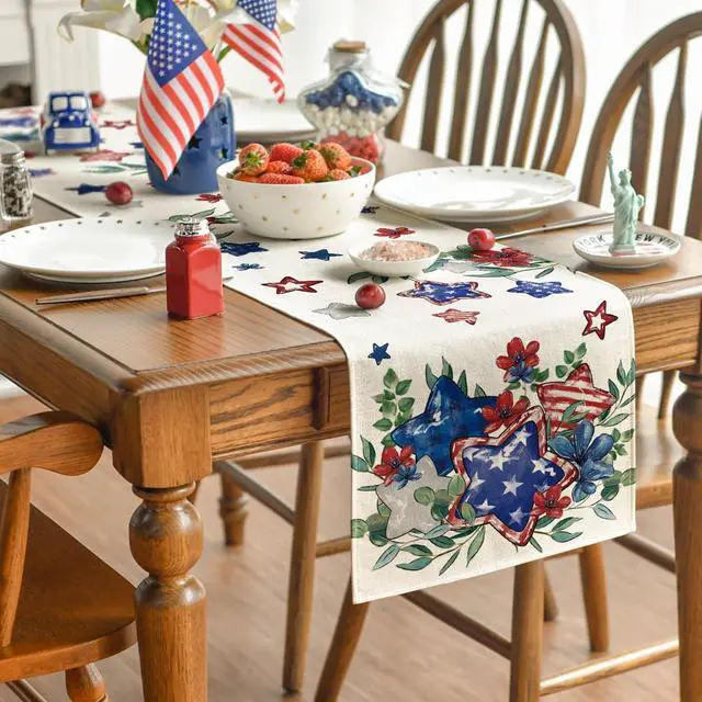 Alt view image 4 of 7 - Artoid Mode Eucalyptus Flowers Stars Patriotic 4th of July Table Runner, Memorial Day Kitchen Dining Table Decoration for Home Party Decor 13x72 Inch