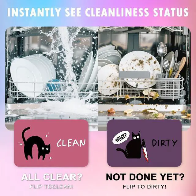 Alt view image 4 of 7 - Funny Cat Cartoon Dishwasher Magnet Signs, Clean Dirty Indicator, Double Sided Reversible Strong Fridge Magnet for Kitchen, Cat Lovers Dishwasher Accessories, Pink