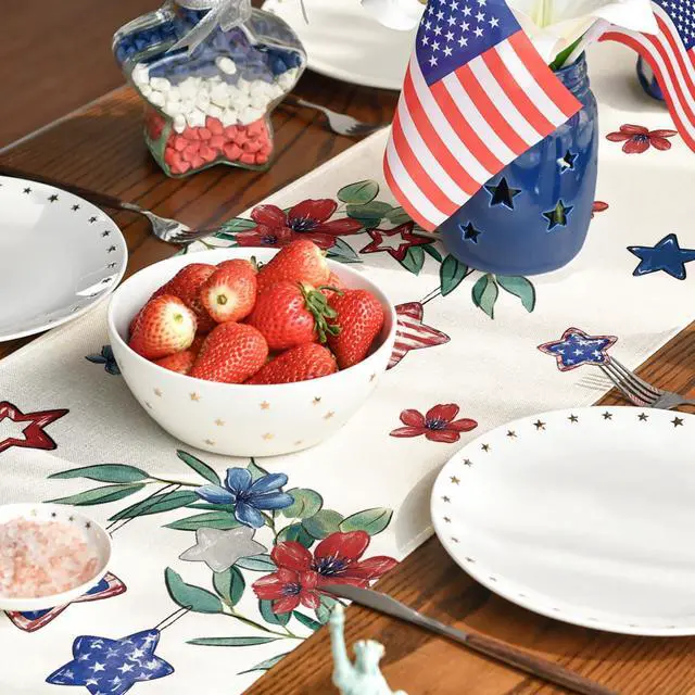 Alt view image 7 of 7 - Artoid Mode Eucalyptus Flowers Stars Patriotic 4th of July Table Runner, Memorial Day Kitchen Dining Table Decoration for Home Party Decor 13x72 Inch