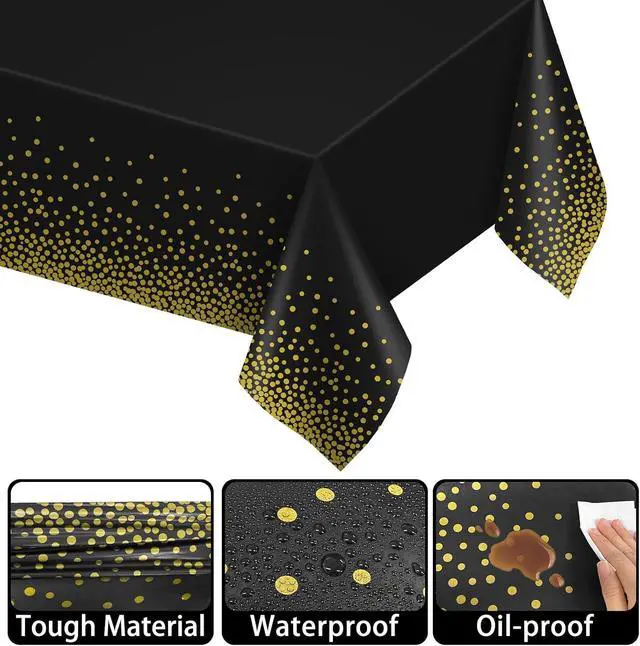 Alt view image 3 of 7 - Kopokita 2 Pack Black and Gold Dot Disposable Tablecloths 54 x 108 Inch | Waterproof Plastic Table Covers for Weddings Birthday Engagement Party Baptism Decorations