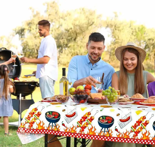Alt view image 4 of 7 - BBQ Party Decoration Hot Dog Picnic Picnic Tablecloth 86 x 51 Inches, 2 Pcs | Stain Resistant, Easy to Clean, for Baby Q Baby Shower, Birthday, Carnival, Family Outdoor Barbecue Party Supplies