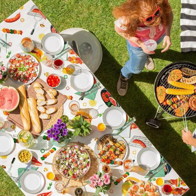 Alt view image 5 of 7 - BBQ Party Decoration Hot Dog Picnic Picnic Tablecloth 86 x 51 Inches, 2 Pcs | Stain Resistant, Easy to Clean, for Baby Q Baby Shower, Birthday, Carnival, Family Outdoor Barbecue Party Supplies