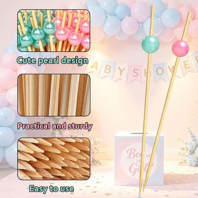 Alt view image 2 of 7 - 100 Pcs Gender Reveal Cocktail Picks, Pink and Blue Pearl Toothpicks | 4.7 Inch Bamboo Skewers Sticks for Fruit Dessert Charcuterie,Boy or Girl Theme Food Picks Gender Reveal Party Decorations