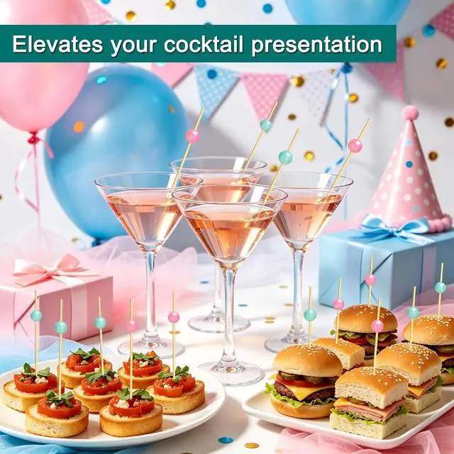 Alt view image 4 of 7 - 100 Pcs Gender Reveal Cocktail Picks, Pink and Blue Pearl Toothpicks | 4.7 Inch Bamboo Skewers Sticks for Fruit Dessert Charcuterie,Boy or Girl Theme Food Picks Gender Reveal Party Decorations