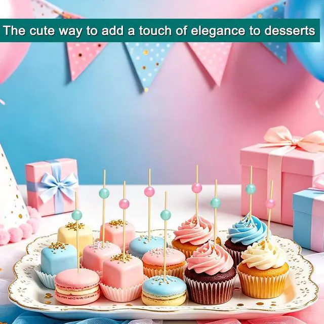 Alt view image 6 of 7 - 100 Pcs Gender Reveal Cocktail Picks, Pink and Blue Pearl Toothpicks | 4.7 Inch Bamboo Skewers Sticks for Fruit Dessert Charcuterie,Boy or Girl Theme Food Picks Gender Reveal Party Decorations