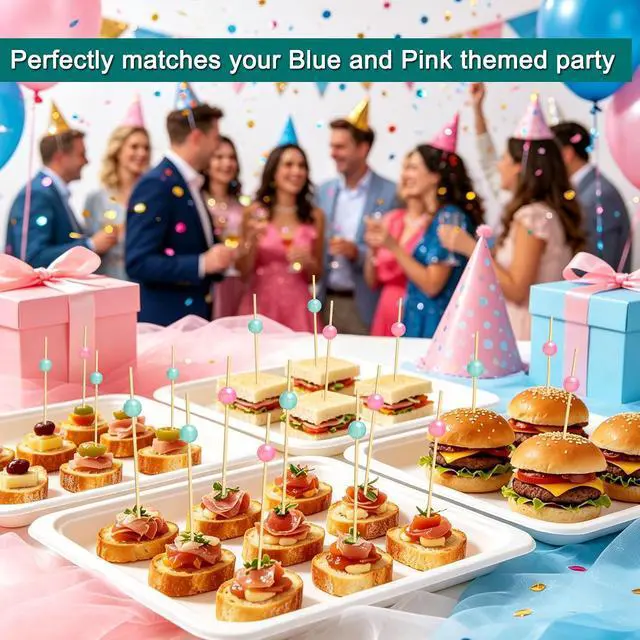Alt view image 7 of 7 - 100 Pcs Gender Reveal Cocktail Picks, Pink and Blue Pearl Toothpicks | 4.7 Inch Bamboo Skewers Sticks for Fruit Dessert Charcuterie,Boy or Girl Theme Food Picks Gender Reveal Party Decorations