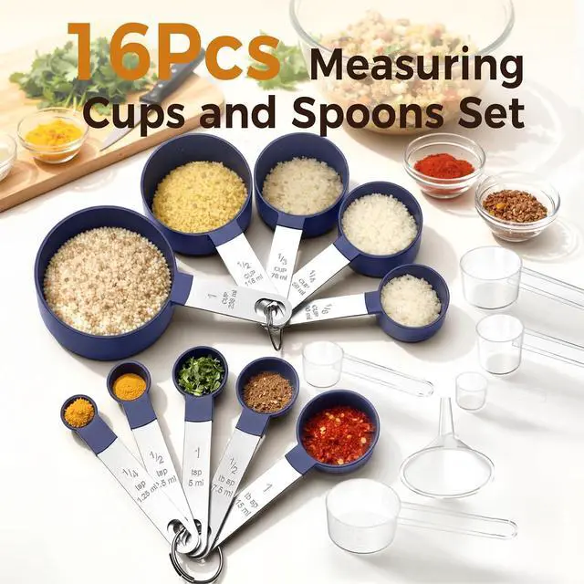 Alt view image 2 of 7 - 16PCS Measuring Cups and Spoons Set, Measuring Spoon Set with Metric and US Measurements, Fits for Measuring Dry and Liquid (Blue)