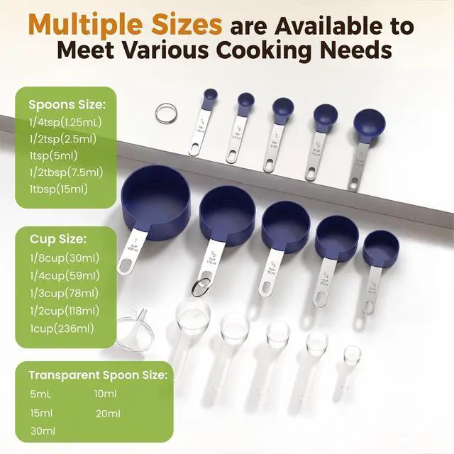 Alt view image 5 of 7 - 16PCS Measuring Cups and Spoons Set, Measuring Spoon Set with Metric and US Measurements, Fits for Measuring Dry and Liquid (Blue)