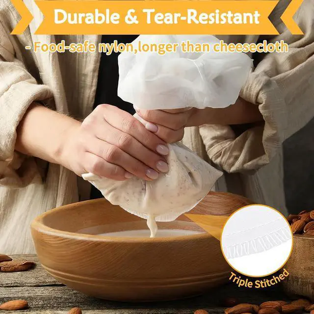 Alt view image 3 of 7 - 4 Pcs 10" x 12" Nut Milk Bag Reusable, Cheese Cloth Bags for Straining | Grade 100 Nylon, Fine Mesh Food Grade Cheesecloth Strainer for Oat Almond Milk Greek Yogurt Juice Cold Brew Coffee Beer Tea