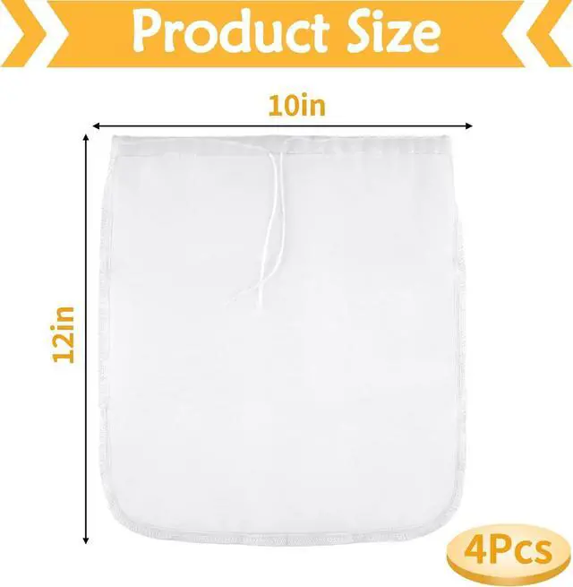 Alt view image 2 of 7 - 4 Pcs 10" x 12" Nut Milk Bag Reusable, Cheese Cloth Bags for Straining | Grade 100 Nylon, Fine Mesh Food Grade Cheesecloth Strainer for Oat Almond Milk Greek Yogurt Juice Cold Brew Coffee Beer Tea