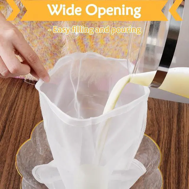 Alt view image 4 of 7 - 4 Pcs 10" x 12" Nut Milk Bag Reusable, Cheese Cloth Bags for Straining | Grade 100 Nylon, Fine Mesh Food Grade Cheesecloth Strainer for Oat Almond Milk Greek Yogurt Juice Cold Brew Coffee Beer Tea
