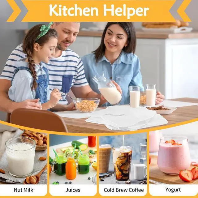 Alt view image 7 of 7 - 4 Pcs 10" x 12" Nut Milk Bag Reusable, Cheese Cloth Bags for Straining | Grade 100 Nylon, Fine Mesh Food Grade Cheesecloth Strainer for Oat Almond Milk Greek Yogurt Juice Cold Brew Coffee Beer Tea