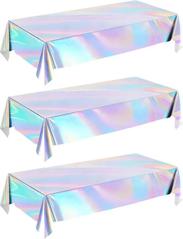 Main image of Iridescent Disposable Plastic Tablecloth, 3 Pack Laser Table Cloths Holographic Foil Disposable for Indoor or Outdoor Birthdays Wedding-54" x 108" (Laser, 3 Pack)