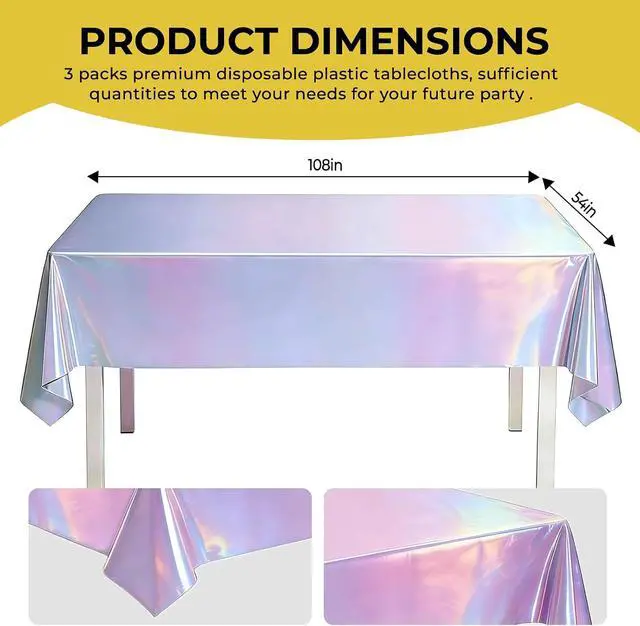 Alt view image 2 of 6 - Iridescent Disposable Plastic Tablecloth, 3 Pack Laser Table Cloths Holographic Foil Disposable for Indoor or Outdoor Birthdays Wedding-54" x 108" (Laser, 3 Pack)