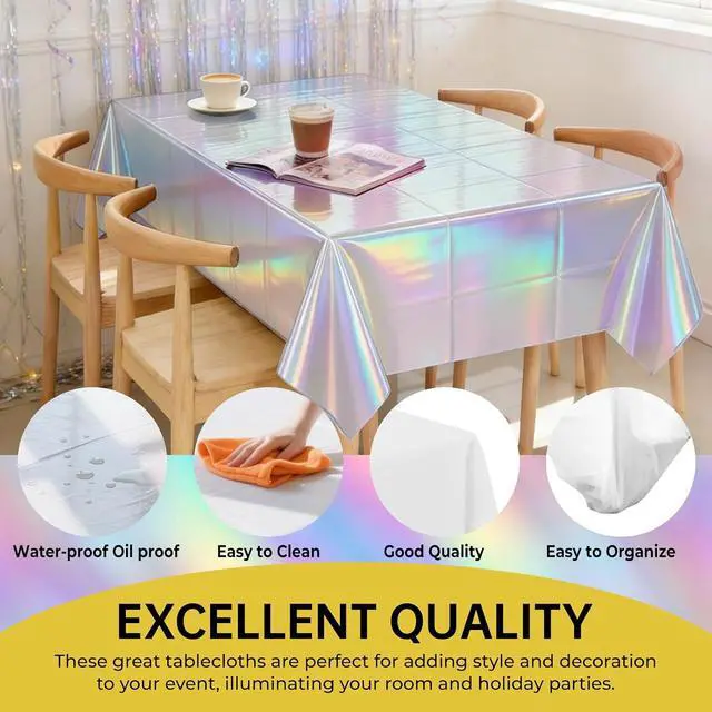 Alt view image 4 of 6 - Iridescent Disposable Plastic Tablecloth, 3 Pack Laser Table Cloths Holographic Foil Disposable for Indoor or Outdoor Birthdays Wedding-54" x 108" (Laser, 3 Pack)