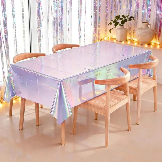 Alt view image 5 of 6 - Iridescent Disposable Plastic Tablecloth, 3 Pack Laser Table Cloths Holographic Foil Disposable for Indoor or Outdoor Birthdays Wedding-54" x 108" (Laser, 3 Pack)