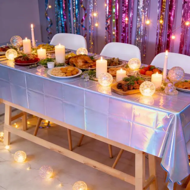 Alt view image 6 of 6 - Iridescent Disposable Plastic Tablecloth, 3 Pack Laser Table Cloths Holographic Foil Disposable for Indoor or Outdoor Birthdays Wedding-54" x 108" (Laser, 3 Pack)