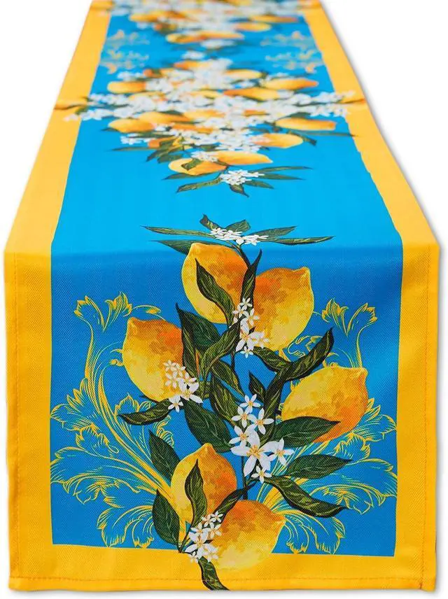 Main image of YiHomer Provence Blue Lemon Mediterranean Tile Tabletop for Spring Summer Decorations, Picnics and Dinner Parties - Indoor Outdoor, Stain and Water Resistant, Table Runner, 14 x 72
