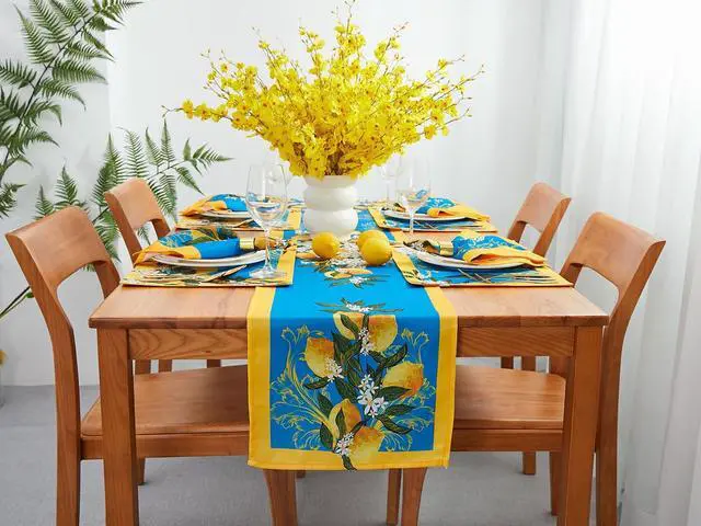 Alt view image 4 of 7 - YiHomer Provence Blue Lemon Mediterranean Tile Tabletop for Spring Summer Decorations, Picnics and Dinner Parties - Indoor Outdoor, Stain and Water Resistant, Table Runner, 14 x 72