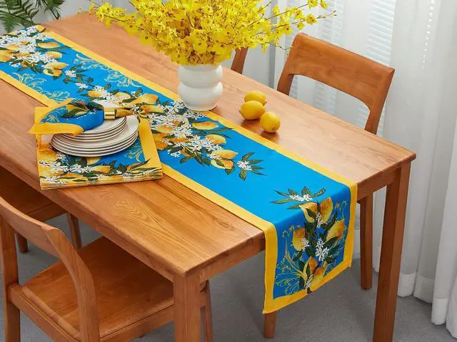 Alt view image 3 of 7 - YiHomer Provence Blue Lemon Mediterranean Tile Tabletop for Spring Summer Decorations, Picnics and Dinner Parties - Indoor Outdoor, Stain and Water Resistant, Table Runner, 14 x 72