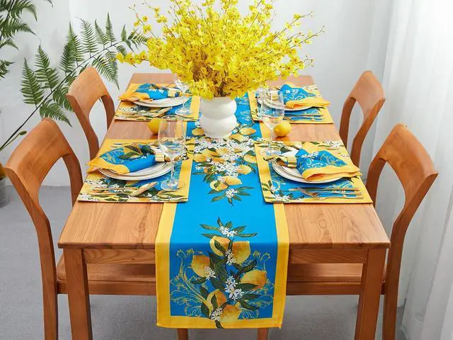 Alt view image 5 of 7 - YiHomer Provence Blue Lemon Mediterranean Tile Tabletop for Spring Summer Decorations, Picnics and Dinner Parties - Indoor Outdoor, Stain and Water Resistant, Table Runner, 14 x 72