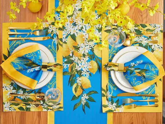 Alt view image 6 of 7 - YiHomer Provence Blue Lemon Mediterranean Tile Tabletop for Spring Summer Decorations, Picnics and Dinner Parties - Indoor Outdoor, Stain and Water Resistant, Table Runner, 14 x 72