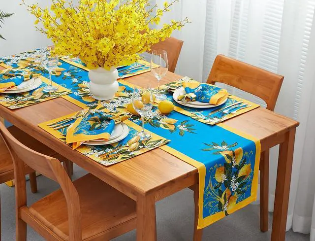 Alt view image 7 of 7 - YiHomer Provence Blue Lemon Mediterranean Tile Tabletop for Spring Summer Decorations, Picnics and Dinner Parties - Indoor Outdoor, Stain and Water Resistant, Table Runner, 14 x 72
