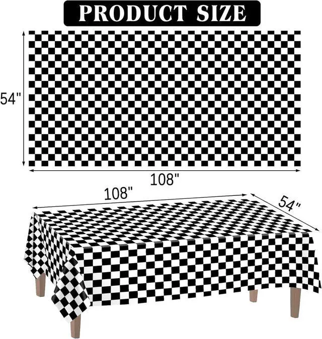Alt view image 2 of 6 - Kopokita 2 Pack Black and White Checkered Tablecloth Disposable | 54 x 108 Inches Checkered Flag Tablecloth, Plastic Rectangle Tablecovers for Race Car Birthday Party Supplies