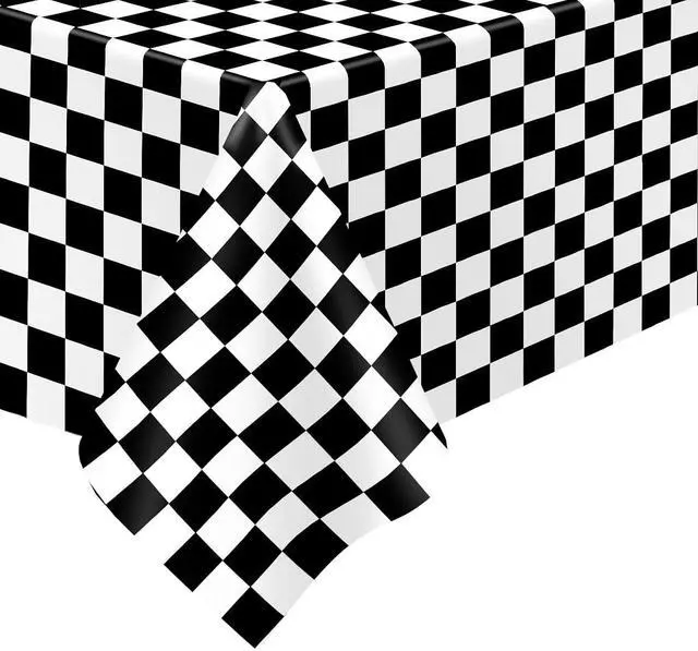 Alt view image 3 of 6 - Kopokita 2 Pack Black and White Checkered Tablecloth Disposable | 54 x 108 Inches Checkered Flag Tablecloth, Plastic Rectangle Tablecovers for Race Car Birthday Party Supplies