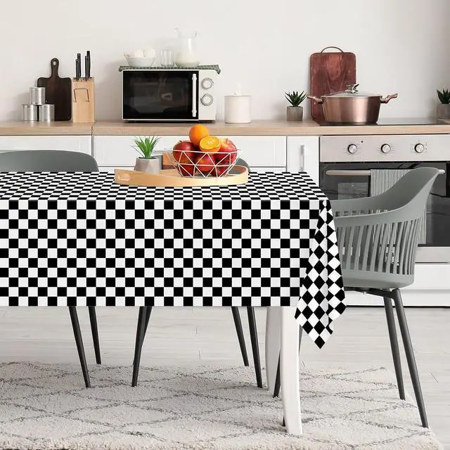 Alt view image 5 of 6 - Kopokita 2 Pack Black and White Checkered Tablecloth Disposable | 54 x 108 Inches Checkered Flag Tablecloth, Plastic Rectangle Tablecovers for Race Car Birthday Party Supplies