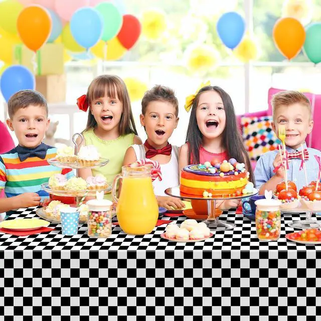 Alt view image 4 of 6 - Kopokita 2 Pack Black and White Checkered Tablecloth Disposable | 54 x 108 Inches Checkered Flag Tablecloth, Plastic Rectangle Tablecovers for Race Car Birthday Party Supplies