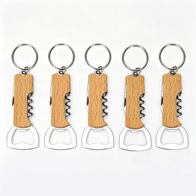 Main image of 5 Pack Wooden Handle Bottle Opener Keychains, Mini Beer Bottle Openers with Key Ring, Portable Bartender Opener for Men, Bar Party Wedding Favors and Gifts