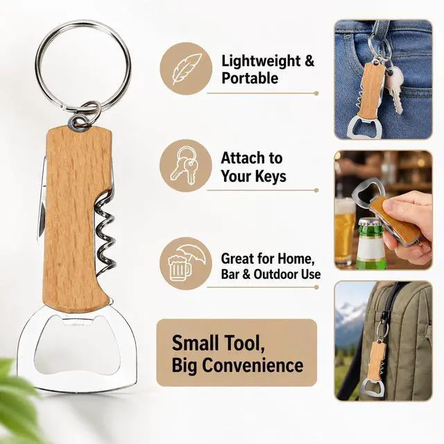 Alt view image 4 of 7 - 5 Pack Wooden Handle Bottle Opener Keychains, Mini Beer Bottle Openers with Key Ring, Portable Bartender Opener for Men, Bar Party Wedding Favors and Gifts