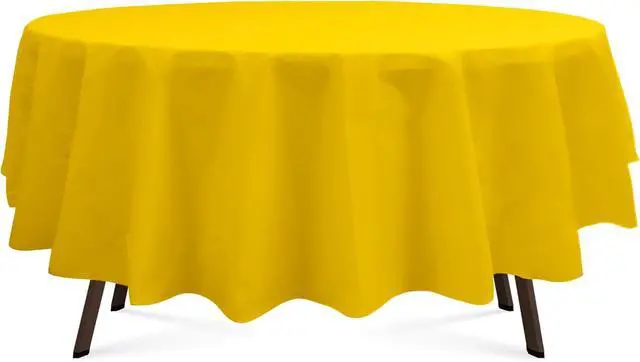 Alt view image 2 of 7 - Yellow 3 Pack Round Plastic Tablecloth 84 Inches Premium Sunny Yellow Decorative Table Cover for Baby Shower, Birthday, Wedding, Indoor and Outdoor use