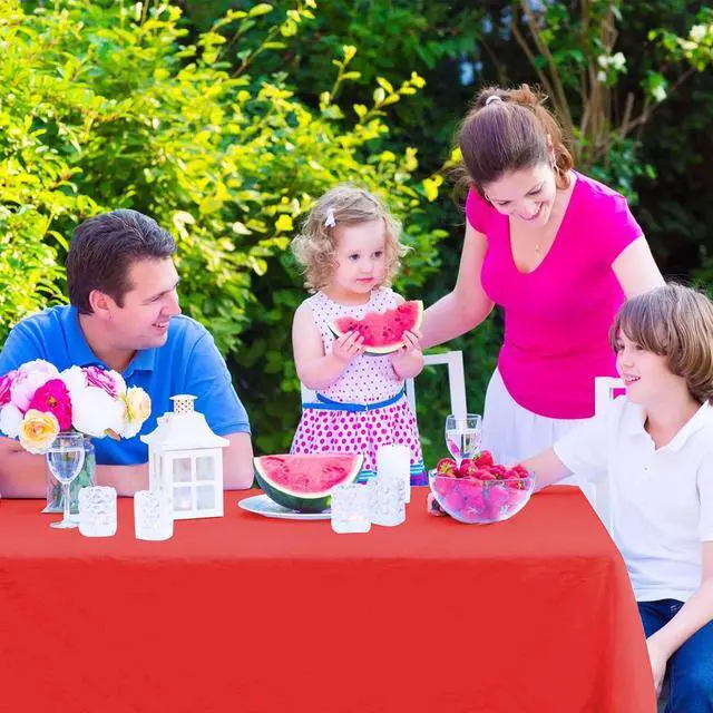 Alt view image 5 of 6 - Kopokita 2 Pack Red Plastic Tablecloths Disposable 54 x 108 Inch | Rectangle Table Cloths, Party Table Covers for Birthday, Wedding, Valentines, Mothers Day, Christmas Decorations