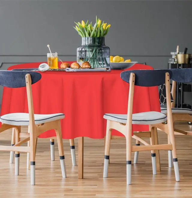 Alt view image 3 of 7 - HEIPINIUYE 2 Pack Red Tablecloth Round 84 Inch Round Plastic Table Cloth Waterproof Disposable Round Table Cover for Party Birthday Camping Picnic Baby Shower Circle Tablecloth