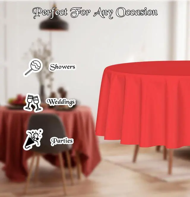 Alt view image 4 of 7 - HEIPINIUYE 2 Pack Red Tablecloth Round 84 Inch Round Plastic Table Cloth Waterproof Disposable Round Table Cover for Party Birthday Camping Picnic Baby Shower Circle Tablecloth