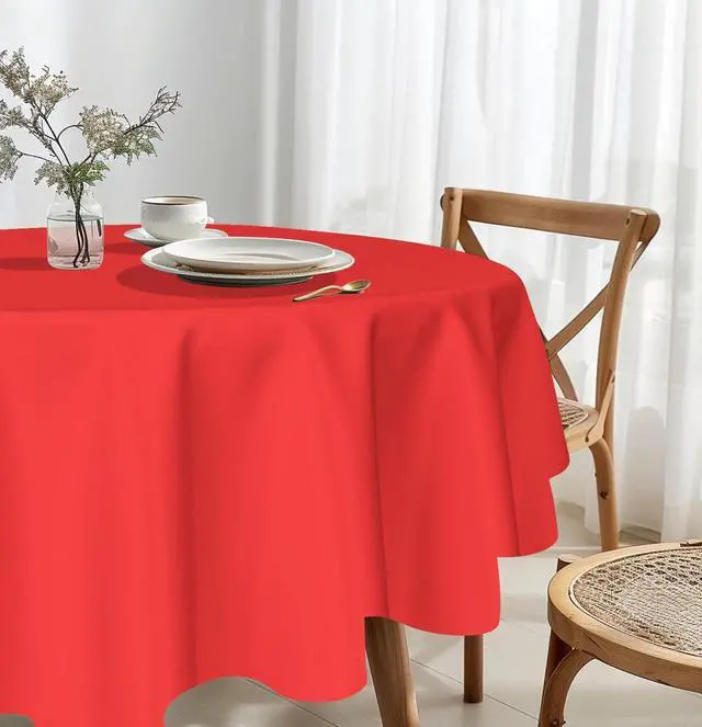 Alt view image 5 of 7 - HEIPINIUYE 2 Pack Red Tablecloth Round 84 Inch Round Plastic Table Cloth Waterproof Disposable Round Table Cover for Party Birthday Camping Picnic Baby Shower Circle Tablecloth