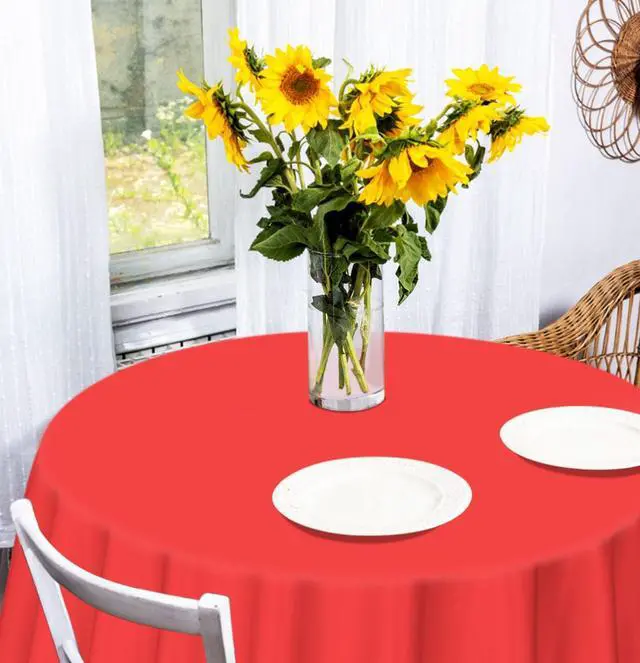 Alt view image 7 of 7 - HEIPINIUYE 2 Pack Red Tablecloth Round 84 Inch Round Plastic Table Cloth Waterproof Disposable Round Table Cover for Party Birthday Camping Picnic Baby Shower Circle Tablecloth