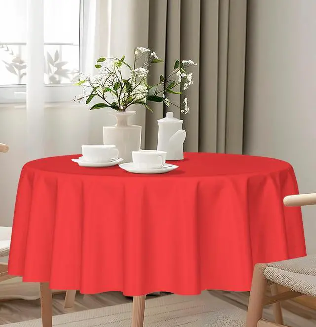 Alt view image 6 of 7 - HEIPINIUYE 2 Pack Red Tablecloth Round 84 Inch Round Plastic Table Cloth Waterproof Disposable Round Table Cover for Party Birthday Camping Picnic Baby Shower Circle Tablecloth