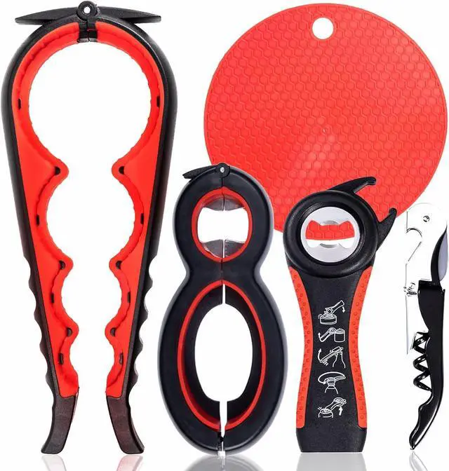 Main image of Jar Opener Bottle Opener for Weak hands 5 Pack, Multi Kitchen Tools Set for Weak Hands, Children, Seniors with Arthritis, Lid Opener for Children, with Silicone Handle (Red)