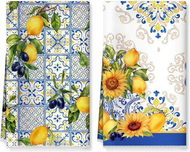 Main image of Summer Lemon Kitchen Towels, Thick Cotton Blend, Set of 2 | 16.5 x 27.5 in / 42 x 70 cm, Absorbent Dish Cloth Country Hand Towel for Spring Summer, Kitchen Decor, Housewarming Gift