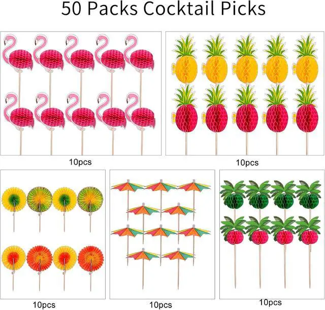 Alt view image 2 of 7 - Hawaiian Luau Assorted Tropical Cocktail picks Bamboo Handmade Sticks Wooden Toothpicks Cocktail Sticks for Luau Hawaii Beach Holiday Party Supplies (Hawaiian set B-50pcs)