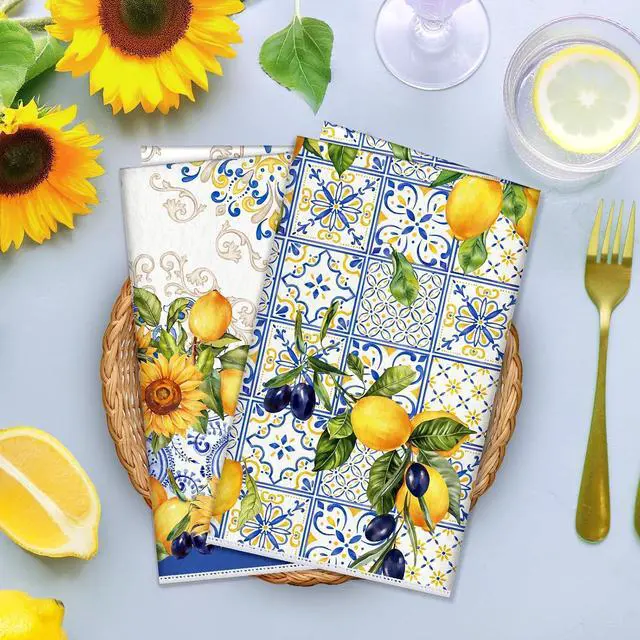 Alt view image 2 of 6 - Summer Lemon Kitchen Towels, Thick Cotton Blend, Set of 2 | 16.5 x 27.5 in / 42 x 70 cm, Absorbent Dish Cloth Country Hand Towel for Spring Summer, Kitchen Decor, Housewarming Gift