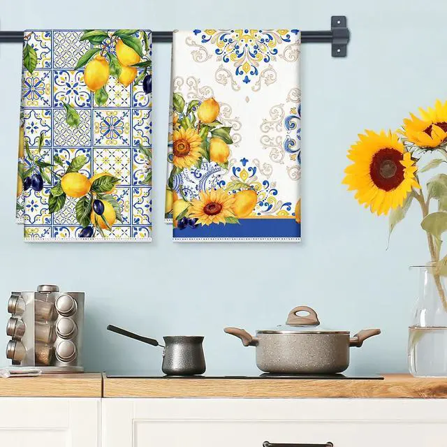 Alt view image 3 of 6 - Summer Lemon Kitchen Towels, Thick Cotton Blend, Set of 2 | 16.5 x 27.5 in / 42 x 70 cm, Absorbent Dish Cloth Country Hand Towel for Spring Summer, Kitchen Decor, Housewarming Gift
