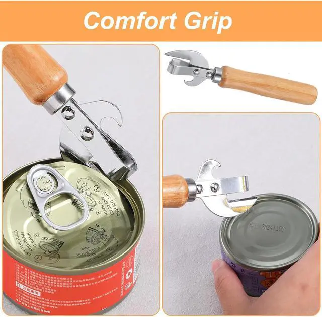 Alt view image 4 of 7 - Japanese Can Opener Manual, 2 Pcs Stainless Steel Old Fashioned Can Opener Vintage Style Wooden Handle Side Cut Bottle Openers Manual for Restaurant Kitchen Camping Home, Efficient & Practical