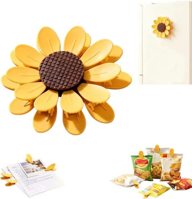 Main image of Sunflower-Shaped Magnetic Chip Clips, Petal Style Bag Clips | Bag Sealing Clips for Snack Bags and Fridge Decor, Set of 10 (1, Yellow)